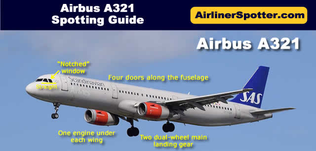 The A321 has two engines under the wings, two dual-wheel main landing gear, four doors along the fuselage, and the classic Airbus nose featuring the "notched" window.
