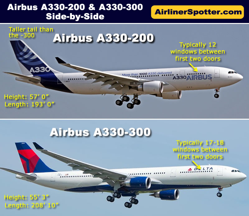 In-flight side-by-side comparison of the Airbus A330-200 (top) and A330-300 (bottom)