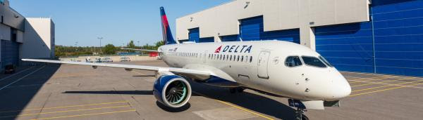 Delta Air Lines A220-100 airliner fresh out of the paint hanger 