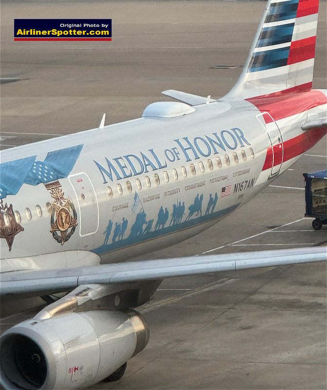 American Airlines Airbus A321-231, Registration N167AN, in special Medal of Honor livery at Dallas-Fort Worth International Airport (DFW). (Staff Photo, July 5, 2024)