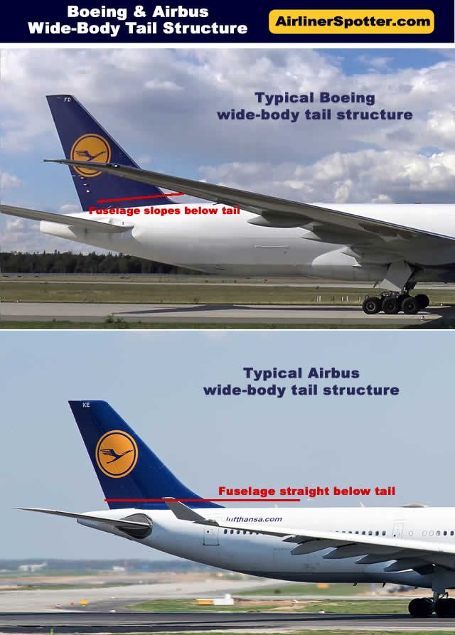 Comparison of typical Boeing wide-body tail structure (top) compared with a typical Airbus structure (bottom) which has more of a straight alignment across the bottom of the tail