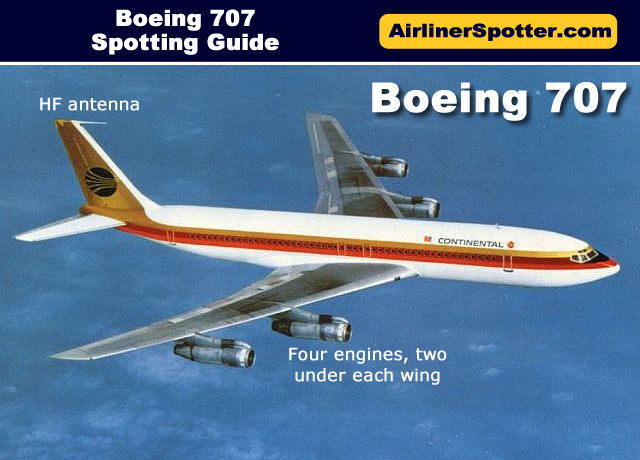 Continental Airlines Boeing 707 showing the high frequency HF antenna at the leading edge of its tail fin