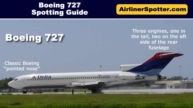 The 727 is powered by three Pratt & Whitney JT8D engines below the T-tail, one on each side of the rear fuselage with a center engine that connects through an S-duct to an inlet at the base of the fin.