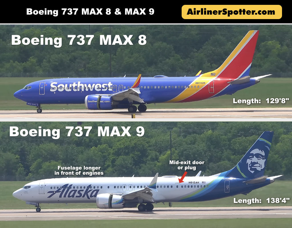 Boeing 737 MAX 8 and MAX 9 side-by-side comparison