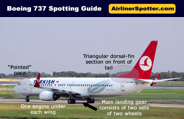 Boeing 737 spotting tips: Boeing 737 has two engines, a main landing gear consisting of two sets of two wheels, and a triangular section at the front of the tail. The nose is "pointed"