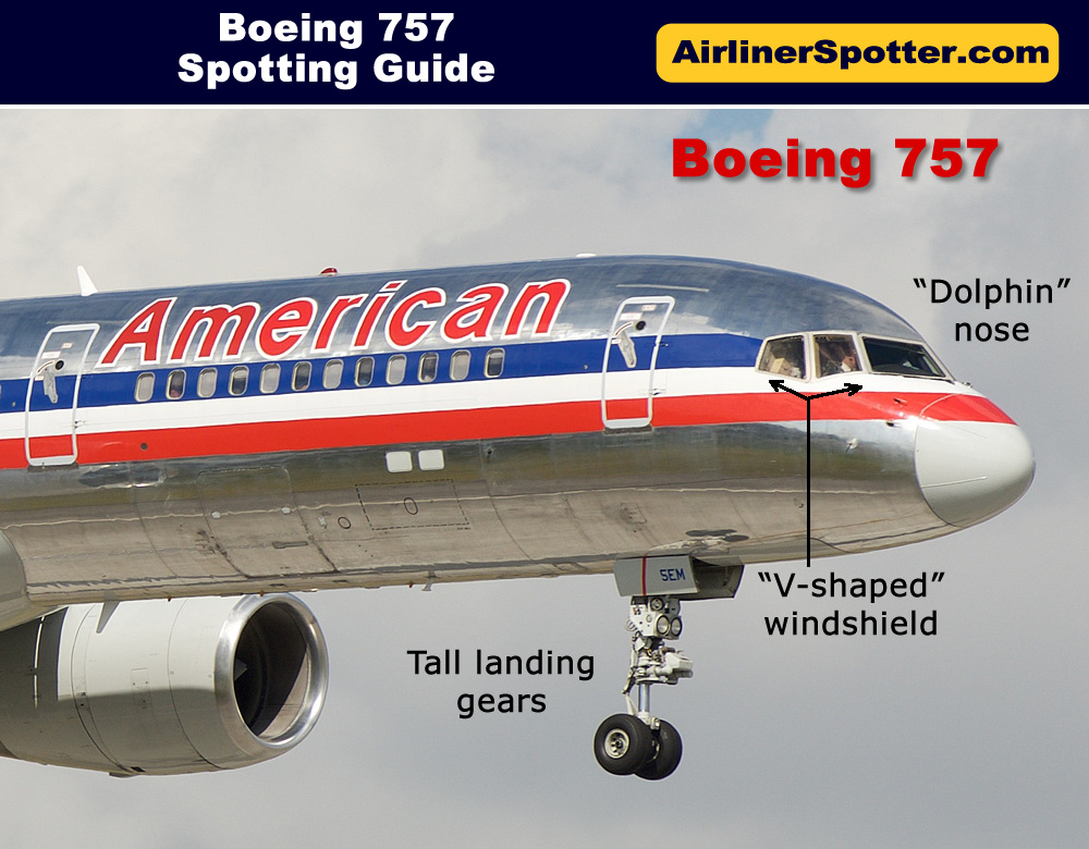 In this photograph, the dominant dolphin-shaped nose of the 757 can be seen on this American Airlines airliner. Note also the classic Boeing "V-shaped" windshield windows.