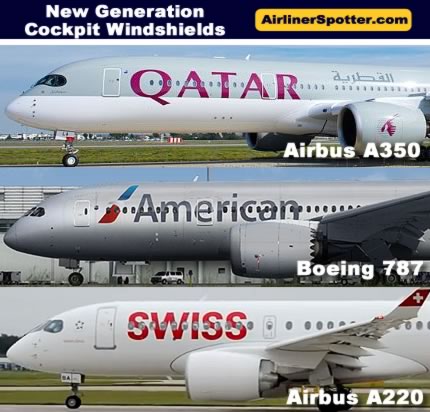 The cockpit windshield configuration of the Airbus A220 compared with the Airbus A350 and Boeing 787