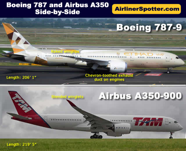 Side-by-side view of the Boeing 787-9 (top) and Airbus A350-900 (below)