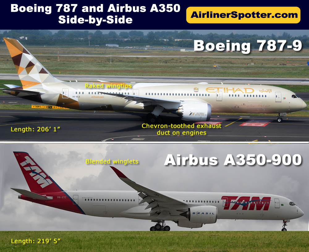 Side-by-side comparison view of the Boeing 787 (top) and Airbus A350 (below)
