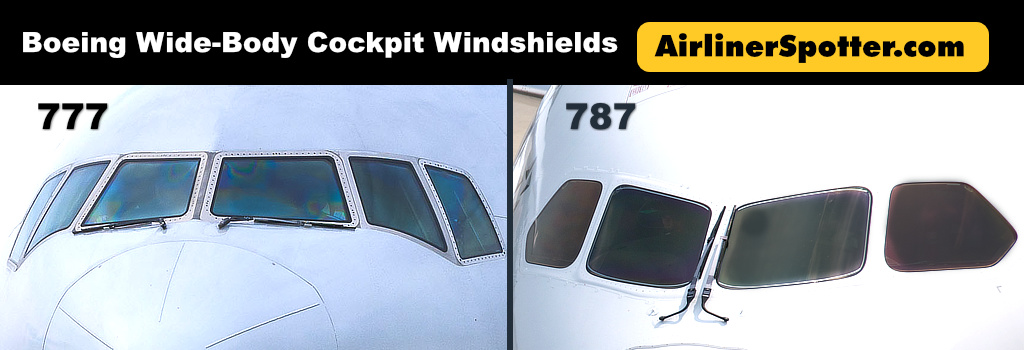 Cockpit windshield design comparison on the Boeing 777 and Boeing 787
