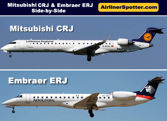 Side-by-side comparison of an Mitsubishi CRJ jet  (top) and an Embraer ERJ jet (bottom)