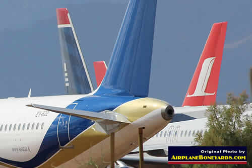 Jetliners in storage at the Phoenix Goodyear Airport in the Arizona desert
