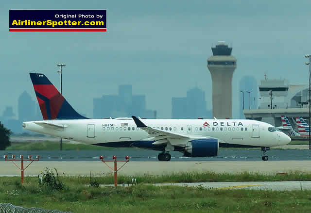 Delta Air Lines A220-100, registration N114DU, awaits takeoff at the DFW Airport