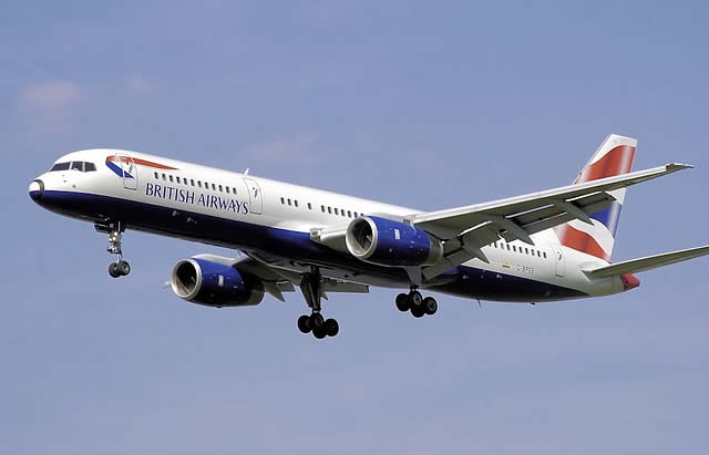 In this photograph of a British Airways Boeing 757-200, the long and narrow fuselage is clearly seen. It has high ground clearance thanks to its tall landing gears.