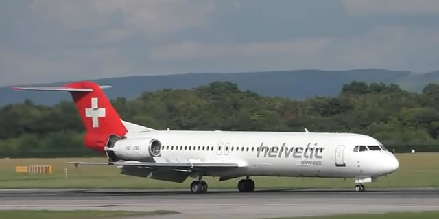 Out of production but still in service are the twin-engine Fokker 70 and Fokker 100. Shown below is a F-100 of Helvetic Airways.
