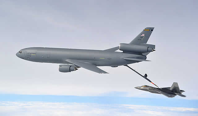 KC-10 Extender of the United States Air Force during in-flight refueling operations with a F-22 Raptor